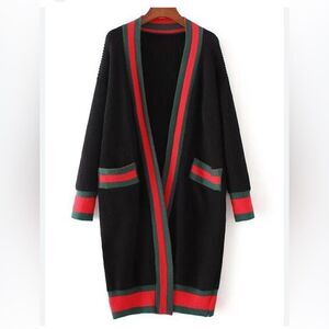 Black Open-Front Long Cardigan with Red & Green Trim